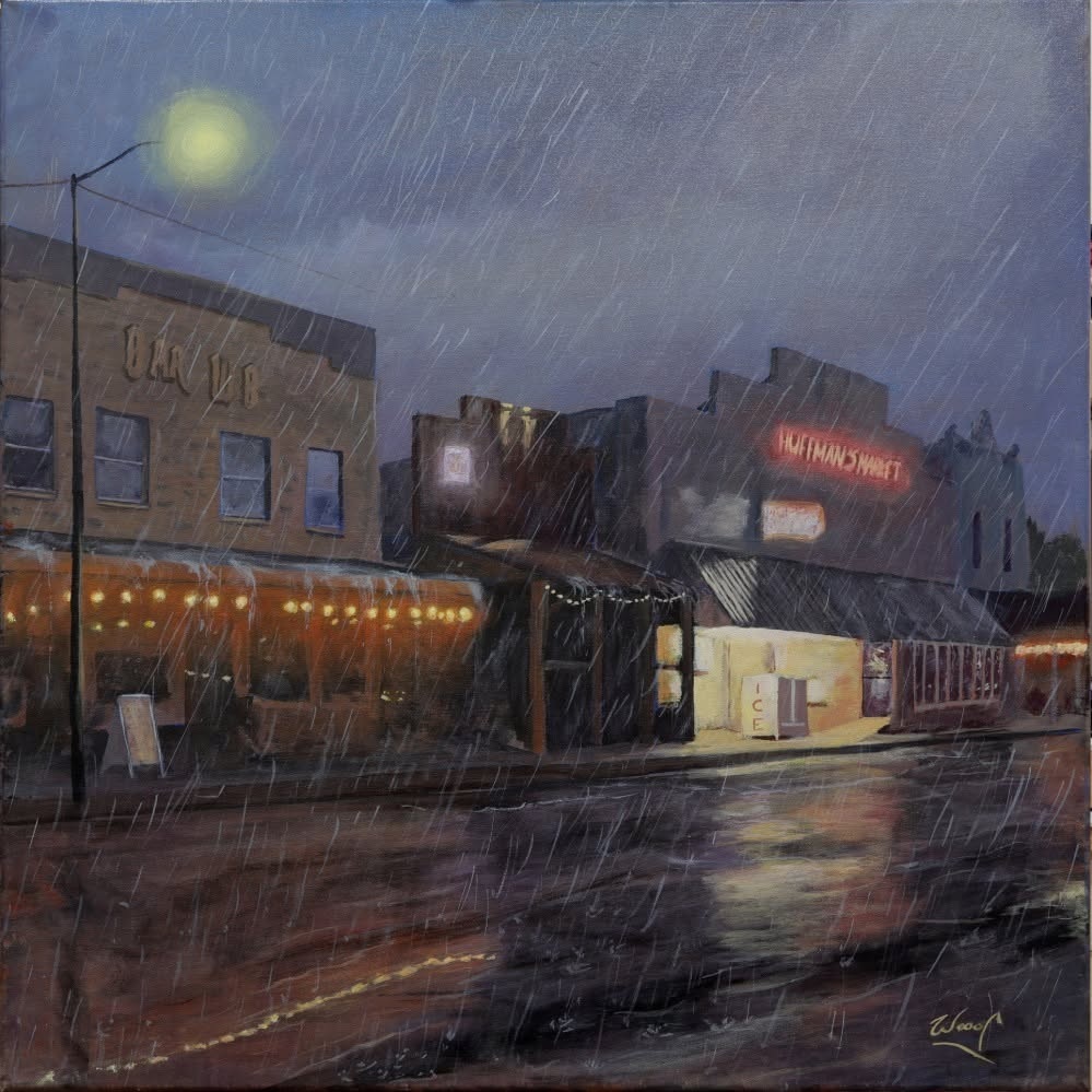 Rainy Night in Prairie City, original oil painting of a rainy Oregon street scene by George Wood