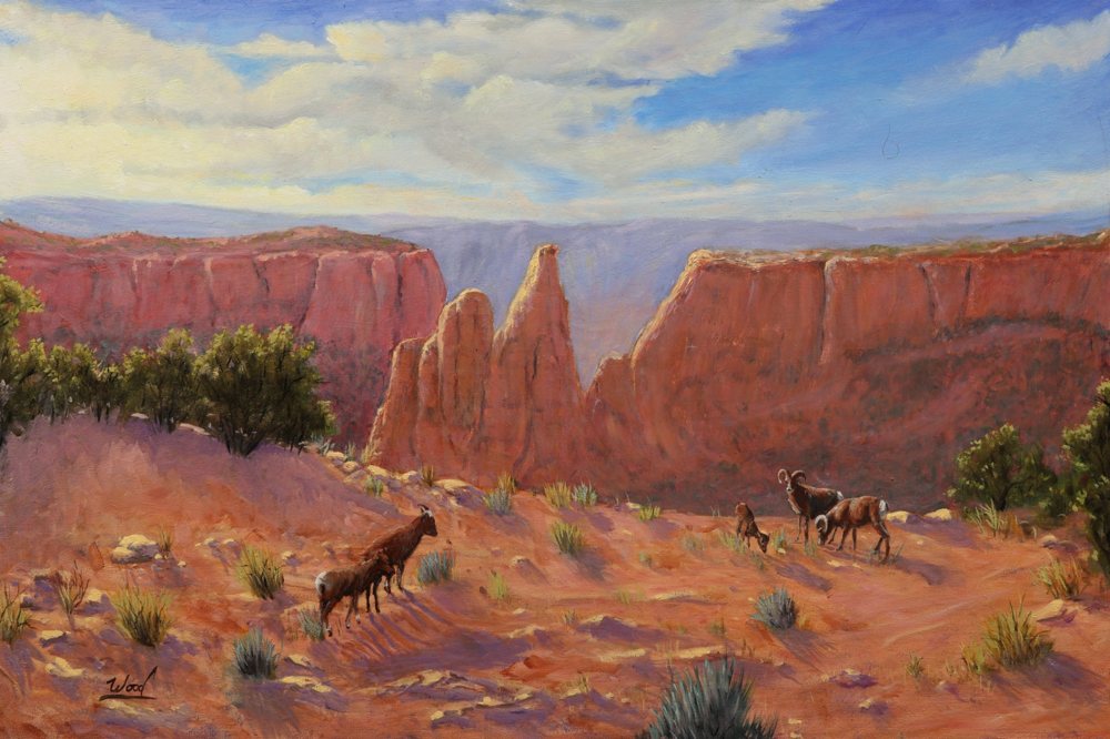 Bighorn Sheep at the Monument, oil painting by George Wood