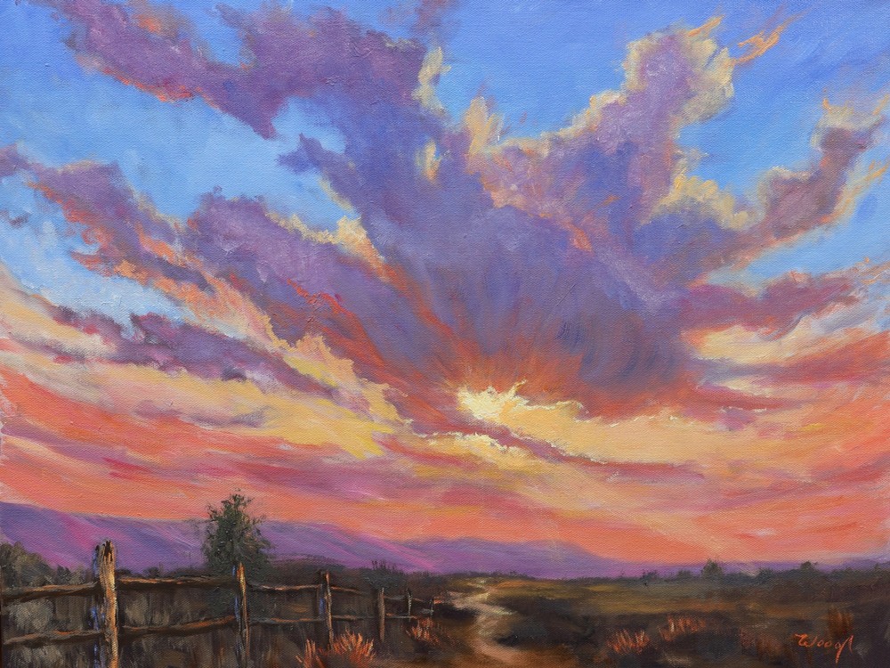 Sunset at Matchett Park, oil painting of a luminous Western Colorado sunset by George Wood