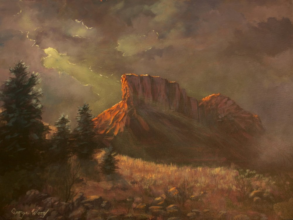 The Palisade, oil painting of dramatic storm light on a rugged Western landscape by George Wood