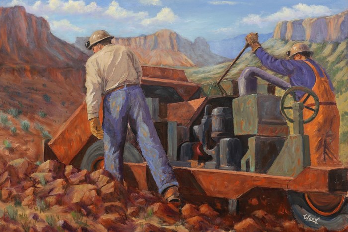 Working the Claim, oil painting of uranium miners in Western Colorado by George Wood